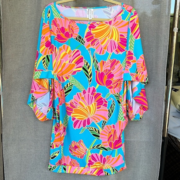 TRINA TURK POPPY KIMONO SWIM TUNIC DRESS blue pink size L ( M runs small) - Picture 5 of 13